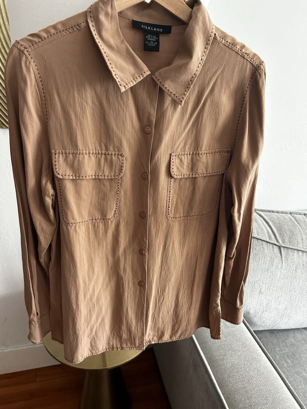 Vtg SilkLand Silk Shirt Quiet Luxury Brown Button Up Sz Large Minimalist